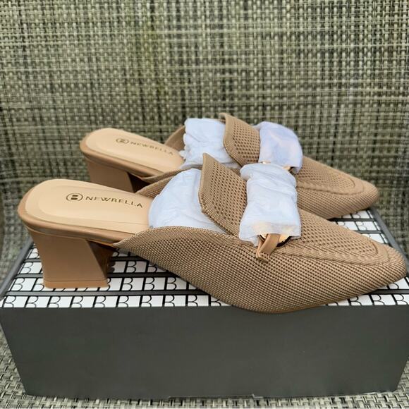 Newbella NWT Women's Knit Mesh Pointed Toe Heeled Mules Gold Link Apricot Size 8 - Picture 7 of 10
